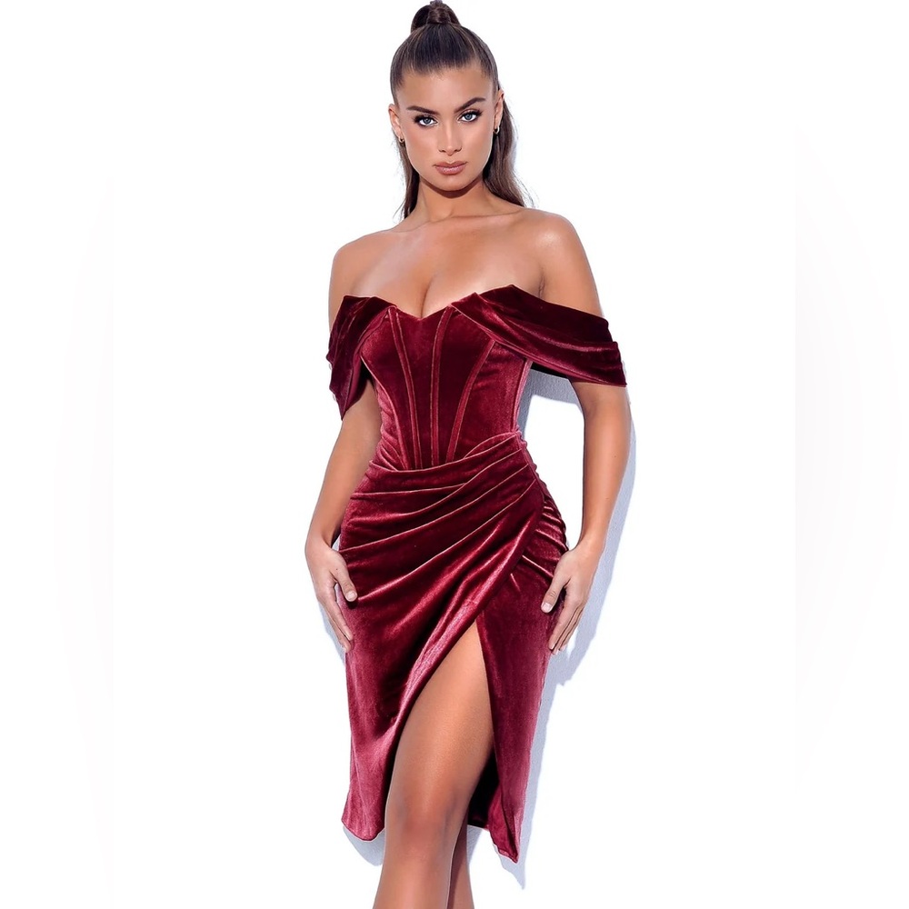 OMARIA BURGUNDY VELVET OFF SHOULDER CORSET DRESS BY MISS CIRCLE